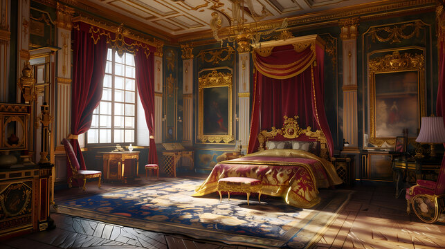 Medieval bed chamber in a castle, king's bedroom in royal castle.