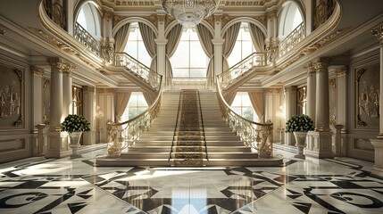 This is an image of a grand foyer with a marble floor, curved staircase, and large windows.

