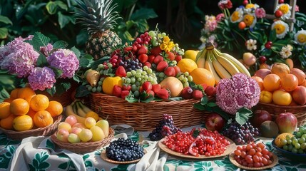 Generate a visual narrative of a picnic spread with many fruits
