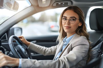 Confident Business Woman Driving Her Car on the Road to Success