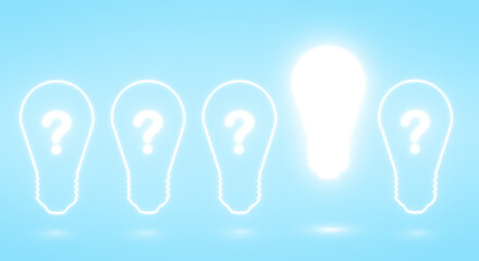 Glowing light bulb in the row on blue background. Solution and idea concept.