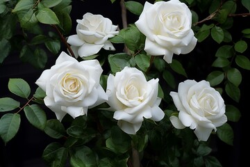 Elegant white roses bloom amidst rich green foliage against a deep, dark backdrop