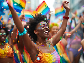 Obraz premium A jubilant woman with vibrant makeup and an afro hairstyle celebrates at a Pride parade, surrounded by a sea of colorful flags and confetti