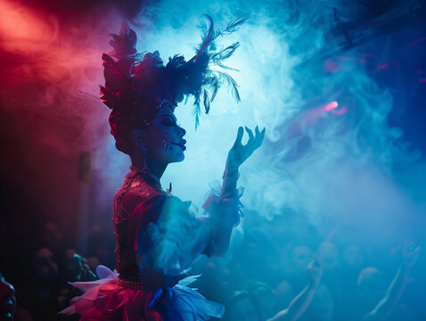 A dramatic scene of a performer in elaborate costume and makeup, with feathers and bright lights