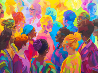 A vibrant and colorful illustration depicting a diverse group of women in animated conversation. Each woman is uniquely styled, showcasing various hairstyles,