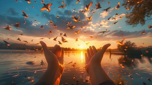 A person's hands open and outstretched towards the sky, with birds flying in front of them at sunset. This scene conveys hope for freedom, love, happiness, tranquility.
