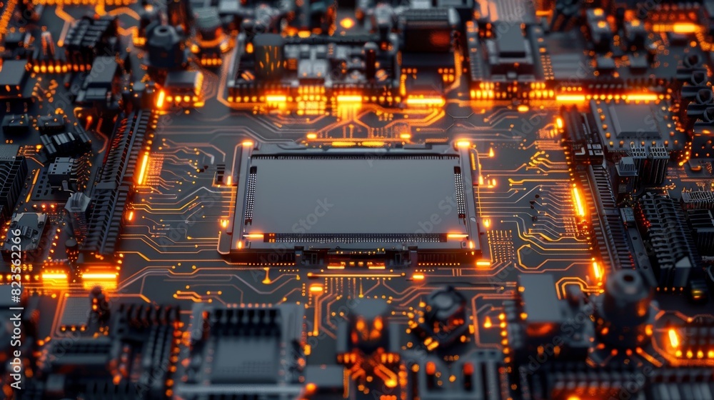 Poster close-up of an illuminated electronic circuit board with glowing components and microchips