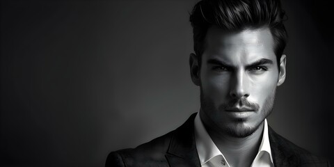 Fototapeta premium A black and white portrait features a man in a suit with a classic haircut. Concept Black and White Photography, Classic Style, Business Attire, Retro Fashion, Timeless Portraits