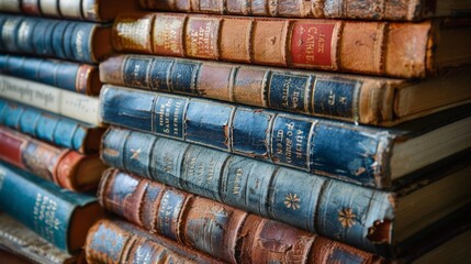 Fototapeta premium A close-up photo of a stack of old books with worn covers, hinting at the vast knowledge and stories they hold.