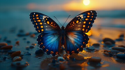Nighttime Beach Beauty - Cinematic Butterfly in Iridescent Splendor