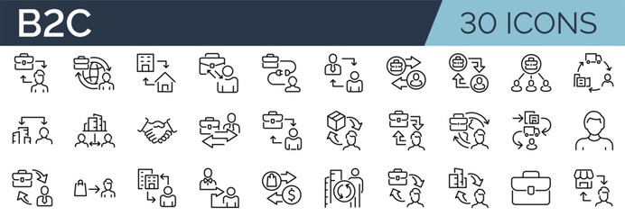 Set of 30 outline icons related to Business-to-consumer, b2c. Linear icon collection. Editable stroke. Vector illustration