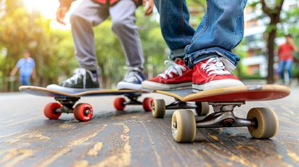 Obraz premium Skateboarder s shoes showcasing style and control during trick, olympic sport concept