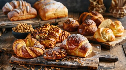 selection of freshly baked pastries and bread displayed on a wooden table in a bakery
