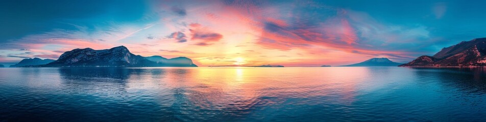 A panoramic view of a beautiful colorful sunset over a calm sea with mountains in the background