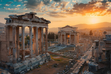 Obraz premium Sunrise Over Ancient City with People in Traditional Attire