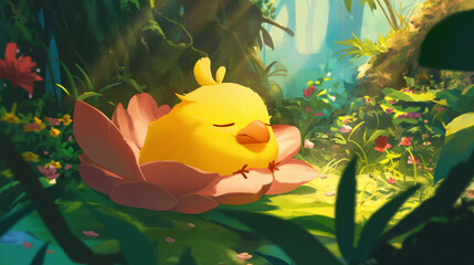 Personagem de pássaro amarelo dormindo em uma flor rosa gigante na floresta verde