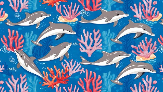 seamless pattern with dolphins and waves