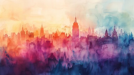 Fototapeta premium A vibrant watercolor painting of a cityscape, capturing the urban landscape in a dreamy and artistic style.