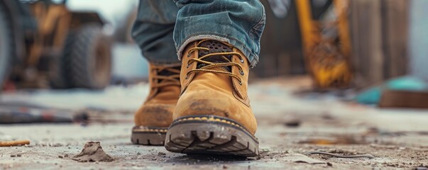 close up picture safety  orange/yellow shoes of a walking worker at the sunshine - Powered by Adobe