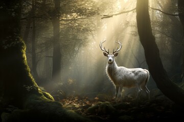 Mystical white deer stands in a sunbeam within an ethereal forest, creating a peaceful, magical scene