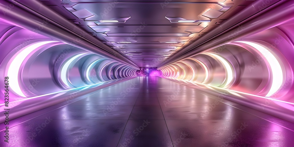 Poster deserted spaceship corridor with rainbow lights leading to ships core in 3d. concept sci-fi, spacesh