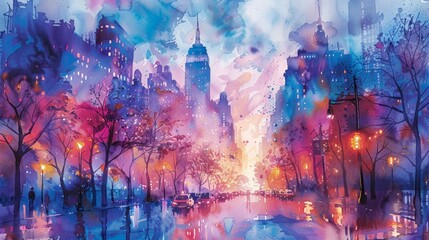 Fototapeta premium A vibrant watercolor painting of a cityscape, capturing the urban landscape in a dreamy and artistic style.