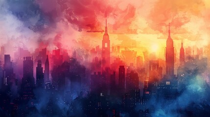 Fototapeta premium A vibrant watercolor painting of a cityscape, capturing the urban landscape in a dreamy and artistic style.
