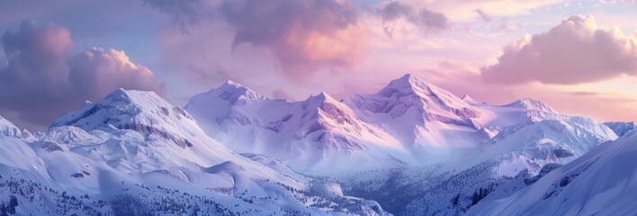 Obraz premium A panoramic view of snow-covered mountains under the soft glow of sunrise, with hints of pink and purple in the sky