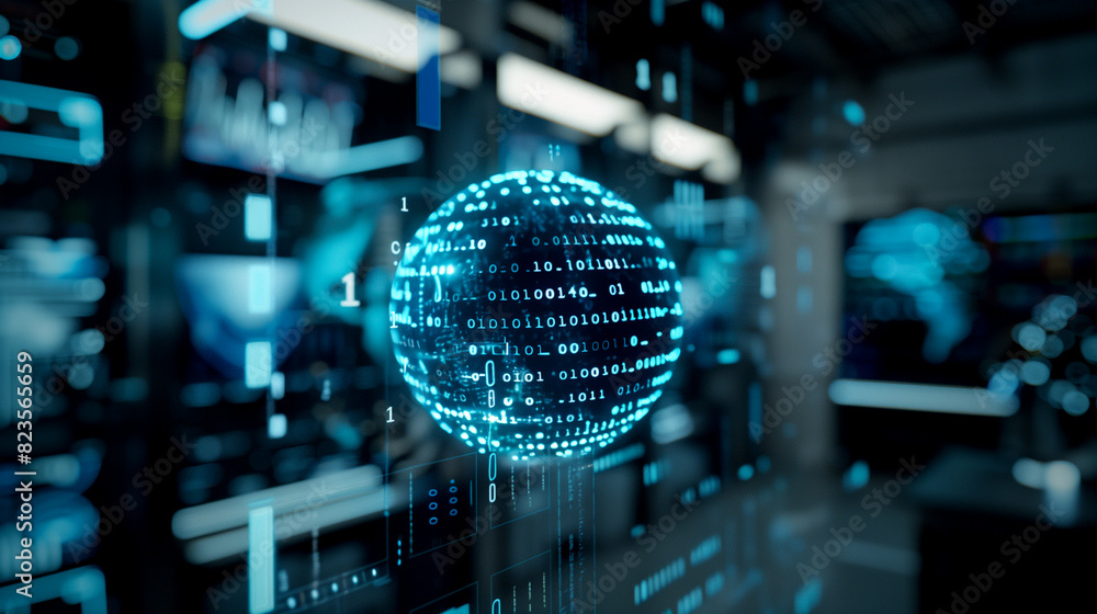 Poster futuristic digital technology background with a virtual sphere of binary codes in a futuristic techn