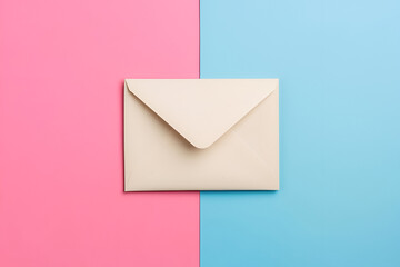 Top view of an envelope on pink and blue geometric background
