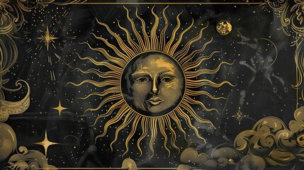 The image is a black background with a gold sun in the center. The sun has a face with closed eyes and is surrounded by stars and clouds.

