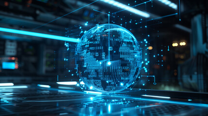 Fototapeta premium futuristic digital technology background with a virtual sphere of binary codes in a futuristic technology room, modern cyber tech wallpaper, internet data 
