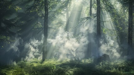 Smoky trails from a recently extinguished campfire in a forest setting, with sunlight filtering through the trees