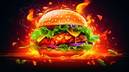 A delicious burger engulfed in flames, creating a fiery and appetizing image.