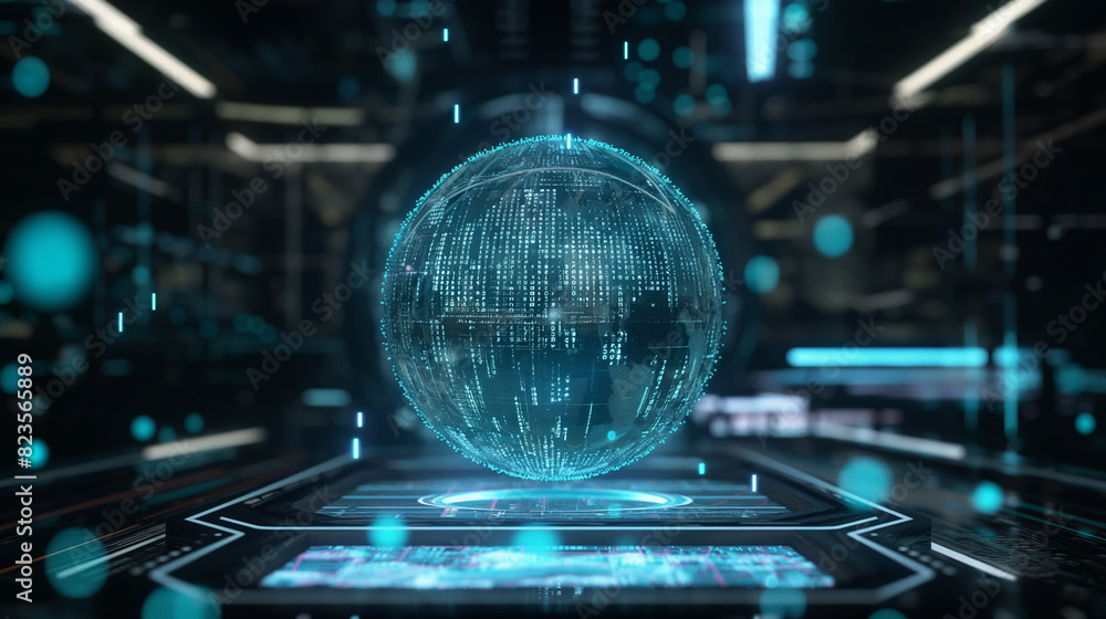 Poster futuristic digital technology background with a virtual sphere of binary codes in a futuristic techn