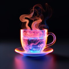 A glass cup with a glowing blue and orange liquid, surrounded by swirling smoke.  The cup is on a saucer with a glowing orange rim.