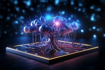 A glowing, futuristic tree with vibrant blue and purple light emanating from its branches, set on a dark platform.