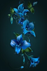 Blue Flower With Green Leaves on Black Background