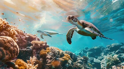 snorkeler swimming alongside majestic sea turtles in a tropical coral reef ecosystem