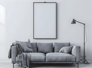 Modern interior, white wall with poster frame mockup, grey sofa and lamp, close up