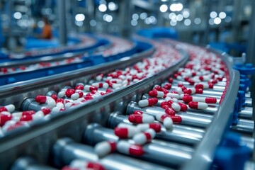 Obraz premium Capsules pills on a conveyor belt in a pharmacological factory