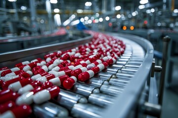 Capsules pills on a conveyor belt in a pharmacological factory