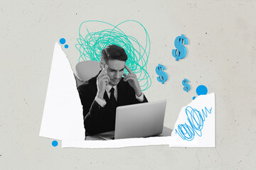 Collage artwork sketch of worried nervous man thinking solving problem isolated on drawing creative...