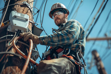 Obraz premium Lineman electrician on pole repairs damage