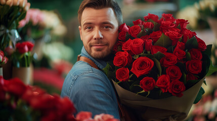 handsome man 40 years old in apron holding huge bouquet with perfect red roses