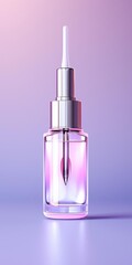 Glass dropper bottle with pink liquid on a purple background.