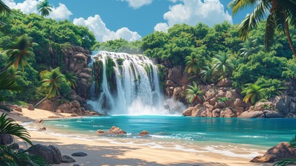 Nature waterfall illustration. Water streams fall from mountain cliffs and cascades on a tropical...