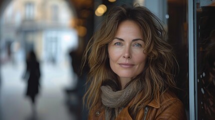 In an urban setting, a portrait of a woman of 50 wearing a fur coat, a leather waistcoat, and a twinkle in her eye - Powered by Adobe