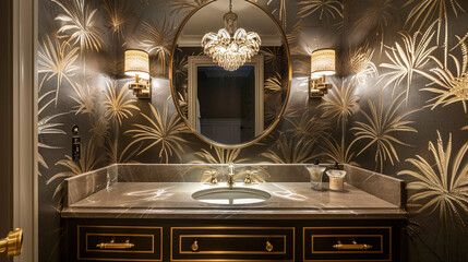 Chic powder room design with dramatic metallic wallpaper and decadent gold-accented vanity.