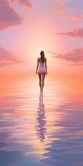 Fototapeta premium Woman in white dress walking on water towards a sunset.